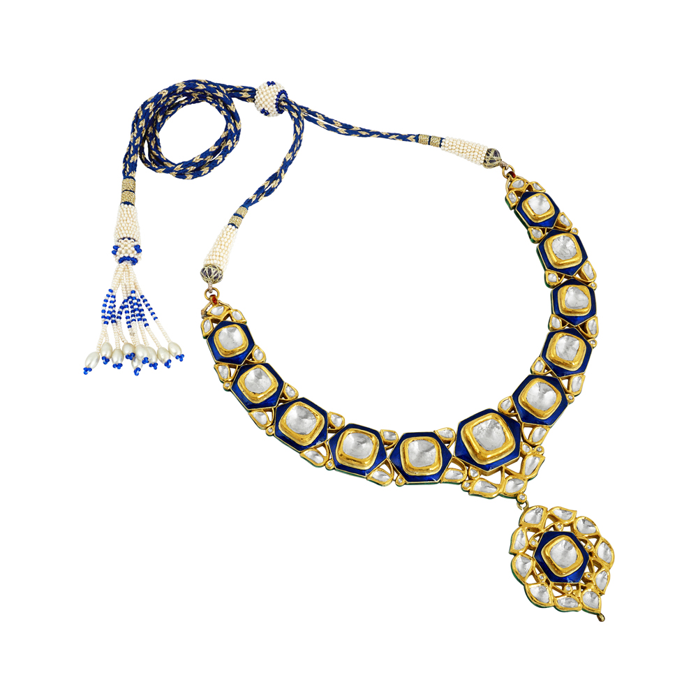 Polki Necklace with Blue Enamel and Central Polki Pendant